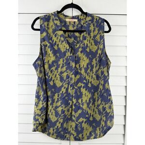Pomelo Silk Blouse Women XL Blue Yellow Sleeveless Abstract Dot V-Neck Top